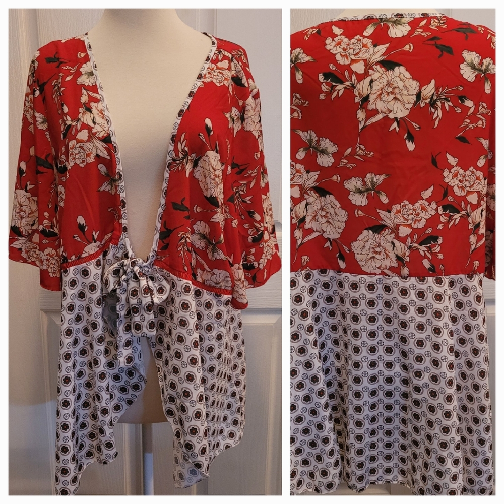 Kimono top blouse size 2X XXL red floral print boho Bohemian Gypsy Beach beachy